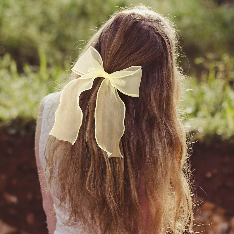 STSTR 2Pcs Large Hair Bow Clips, Yellow Silk Yarn Ribbon Bow Hair Barrette for Women, Elegant Long Tail Bowknot French Hair Accessories for Wedding, Parties, Festivals - Style 4 - Image 5